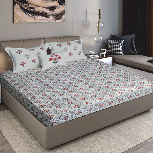 Bodycomfy 100% Cotton Hosiery King Size Fitted Bedsheet – Floral Handblock Print