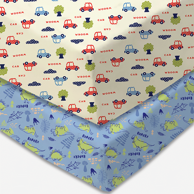 Bodycomfy 100% Cotton Hosiery Fitted Cot Sheet Pack of 2 – Jurassic Wheels Print