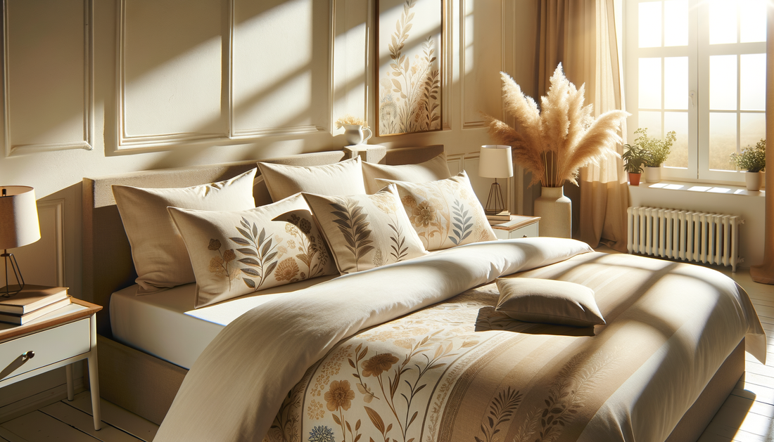 sunlit bedroom with elegant cotton bedsheets in modern patterns and warm neutral tones