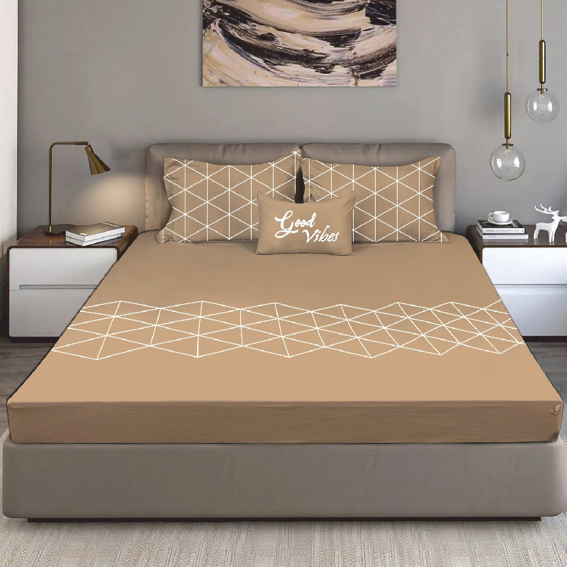 Bodycomfy 100% Cotton Hosiery King Size Fitted Bedsheet – Geometrical Panel Print