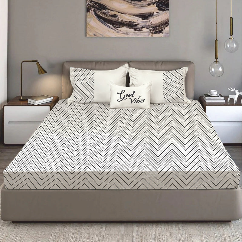 “Bodycomfy 100% Cotton Hosiery King Size Fitted Bedsheet – Chevron Minimalist Print