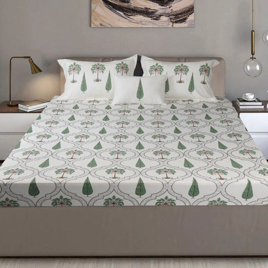 Bodycomfy 100% Cotton Hosiery King Size Fitted Bedsheet – Botanical Palm & Cypress Print