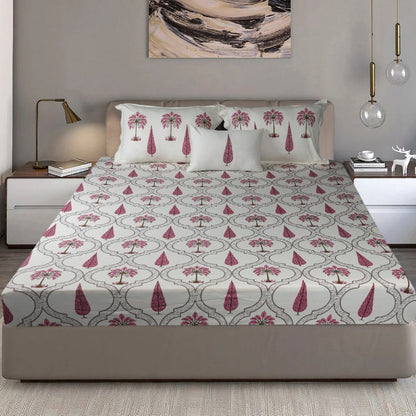Bodycomfy 100% Cotton Hosiery King Size Fitted Bedsheet – Botanical Palm & Cypress Print