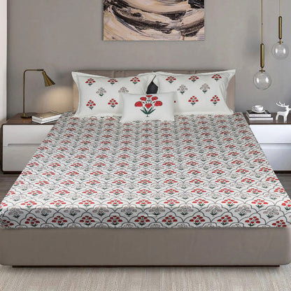 Bodycomfy 100% Cotton Hosiery King Size Fitted Bedsheet –  Floral Handblock Print