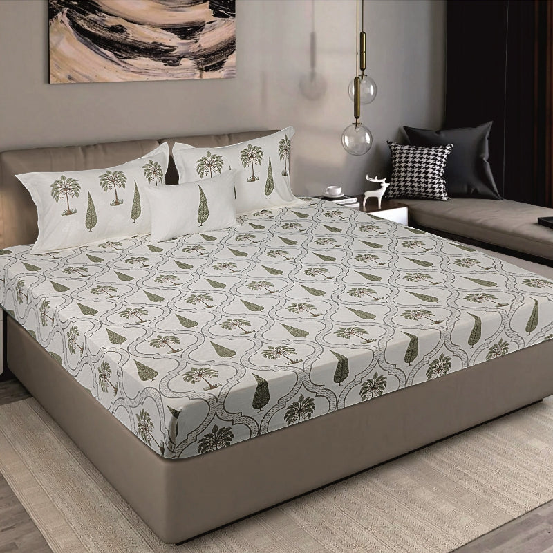 Bodycomfy 100% Cotton Hosiery King Size Fitted Bedsheet – Botanical Palm & Cypress Print