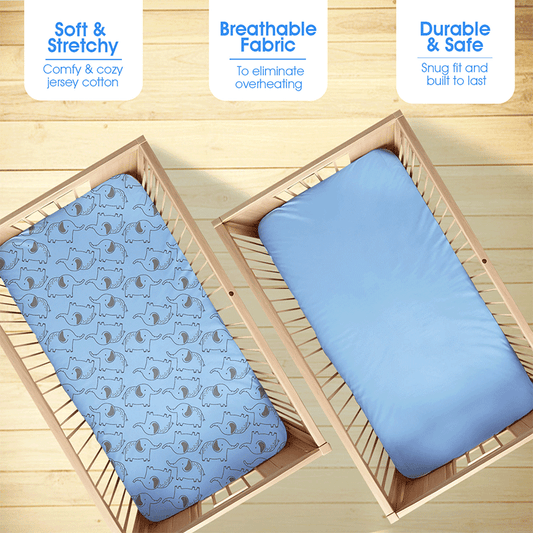 Bodycomfy 100% Cotton Hosiery Fitted Cot Sheet Pack of 2 - Solid Blue and Elephant Print