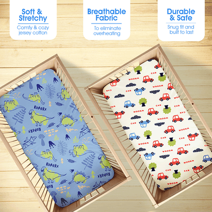 Bodycomfy 100% Cotton Hosiery Fitted Cot Sheet Pack of 2 – Jurassic Wheels Print