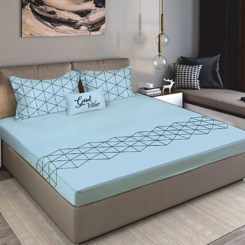 Bodycomfy 100% Cotton Hosiery King Size Fitted Bedsheet – Geometrical Panel Print