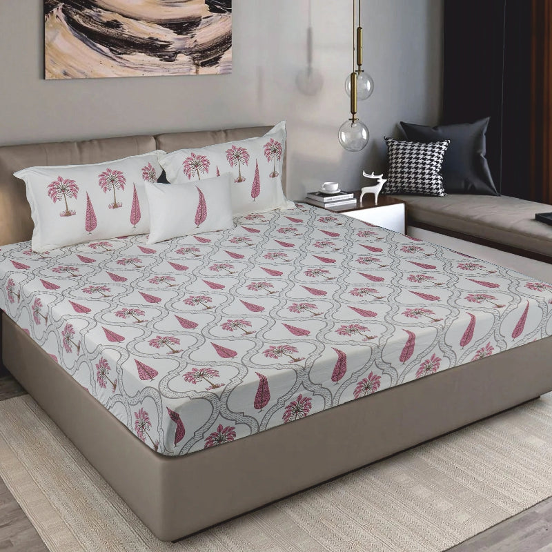 Bodycomfy 100% Cotton Hosiery King Size Fitted Bedsheet – Botanical Palm & Cypress Print