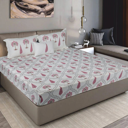 Bodycomfy 100% Cotton Hosiery King Size Fitted Bedsheet – Botanical Palm & Cypress Print