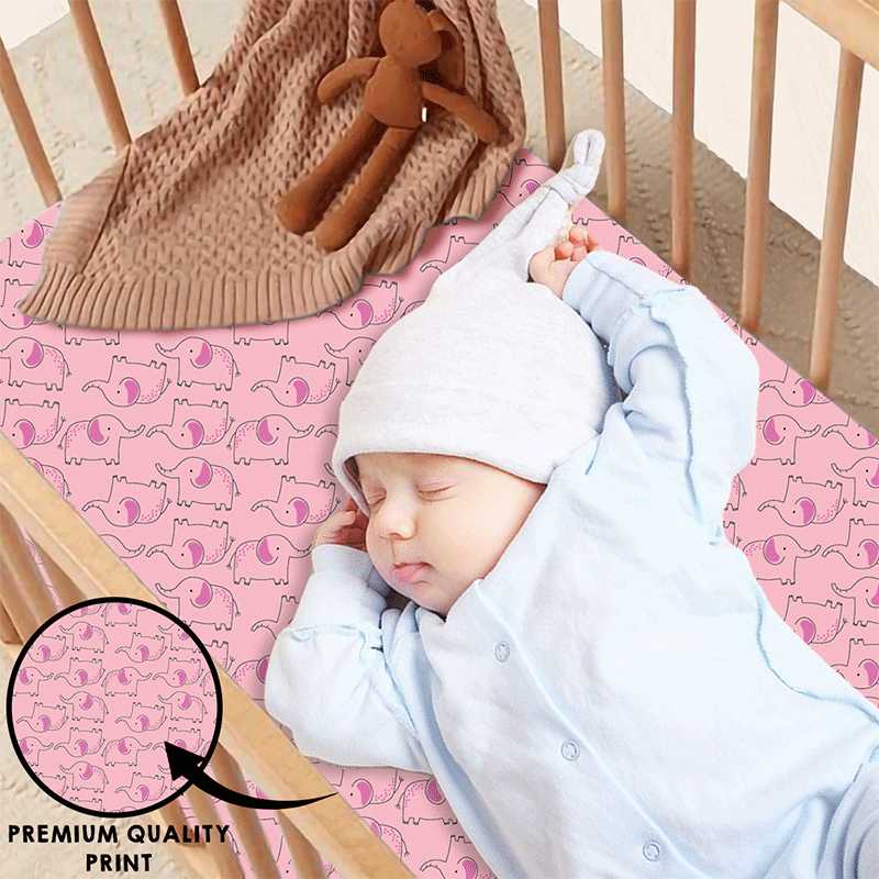 Bodycomfy 100% Cotton Hosiery Fitted Cot Sheet Pack of 2 - Solid Pink and Elephant Print