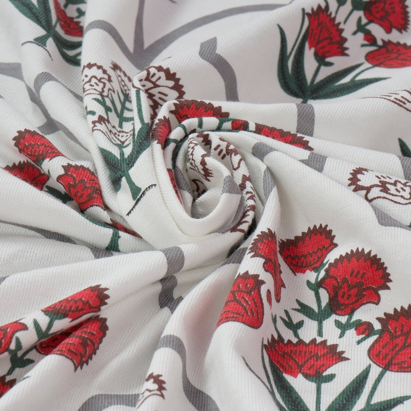 Bodycomfy 100% Cotton Hosiery King Size Fitted Bedsheet –  Floral Handblock Print