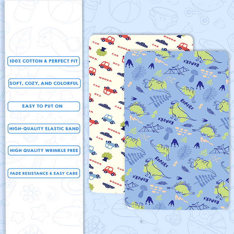 Bodycomfy 100% Cotton Hosiery Fitted Cot Sheet Pack of 2 – Jurassic Wheels Print