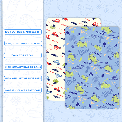 Bodycomfy 100% Cotton Hosiery Fitted Cot Sheet Pack of 2 – Jurassic Wheels Print