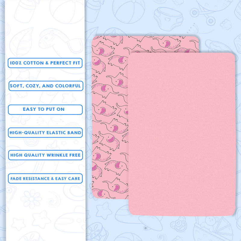 Bodycomfy 100% Cotton Hosiery Fitted Cot Sheet Pack of 2 - Solid Pink and Elephant Print