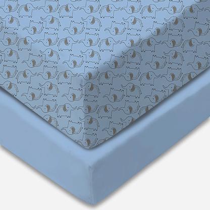 Bodycomfy 100% Cotton Hosiery Fitted Cot Sheet Pack of 2 - Solid Blue and Elephant Print