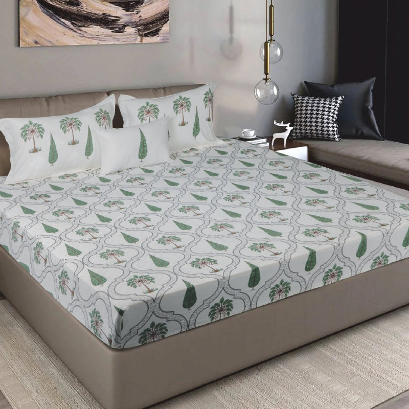 Bodycomfy 100% Cotton Hosiery King Size Fitted Bedsheet – Botanical Palm & Cypress Print
