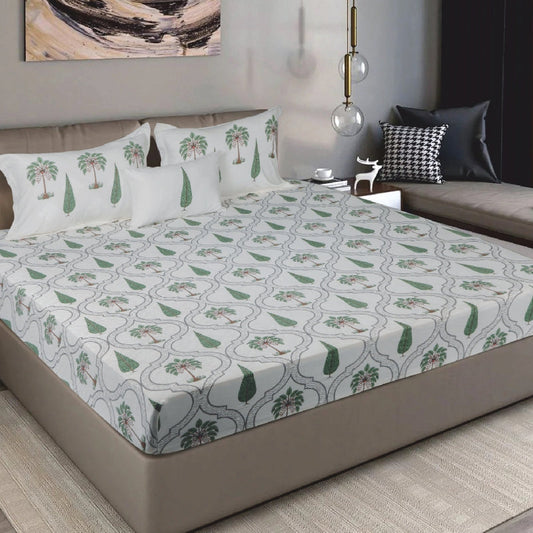 Bodycomfy 100% Cotton Hosiery King Size Fitted Bedsheet – Botanical Palm & Cypress Print