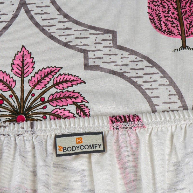 Bodycomfy 100% Cotton Hosiery King Size Fitted Bedsheet – Botanical Palm & Cypress Print