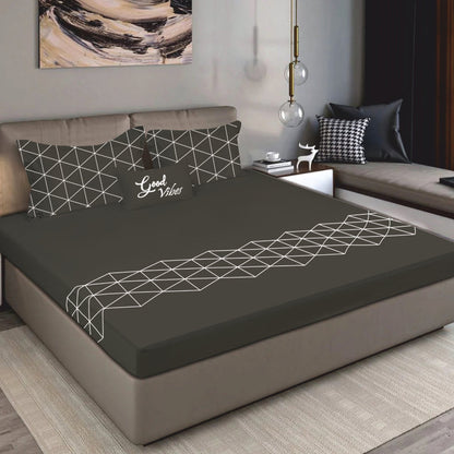 Bodycomfy 100% Cotton Hosiery King Size Fitted Bedsheet – Geometrical Panel Print