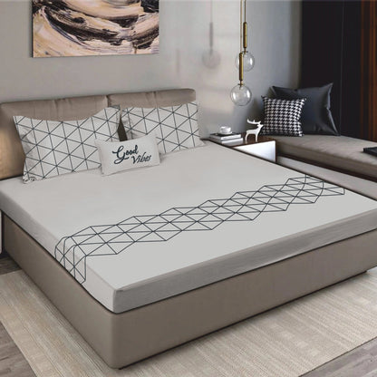 Bodycomfy 100% Cotton Hosiery King Size Fitted Bedsheet – Geometrical Panel Print