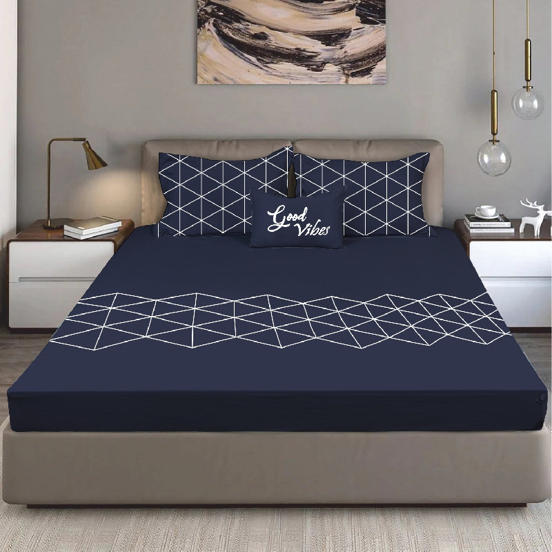 Bodycomfy 100% Cotton Hosiery King Size Fitted Bedsheet – Geometrical Panel Print