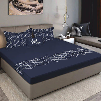Bodycomfy 100% Cotton Hosiery King Size Fitted Bedsheet – Geometrical Panel Print