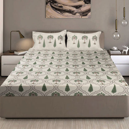 Bodycomfy 100% Cotton Hosiery King Size Fitted Bedsheet – Botanical Palm & Cypress Print