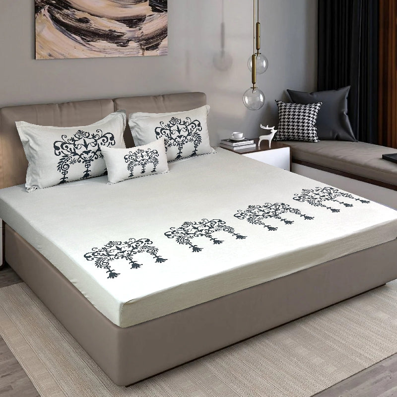 Bodycomfy 100% Cotton Hosiery King Size Fitted Bedsheet – Motif Panel Print