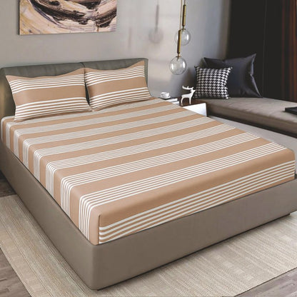 Bodycomfy 100% Cotton Hosiery King Size Fitted Bedsheet – Striped Design Beige